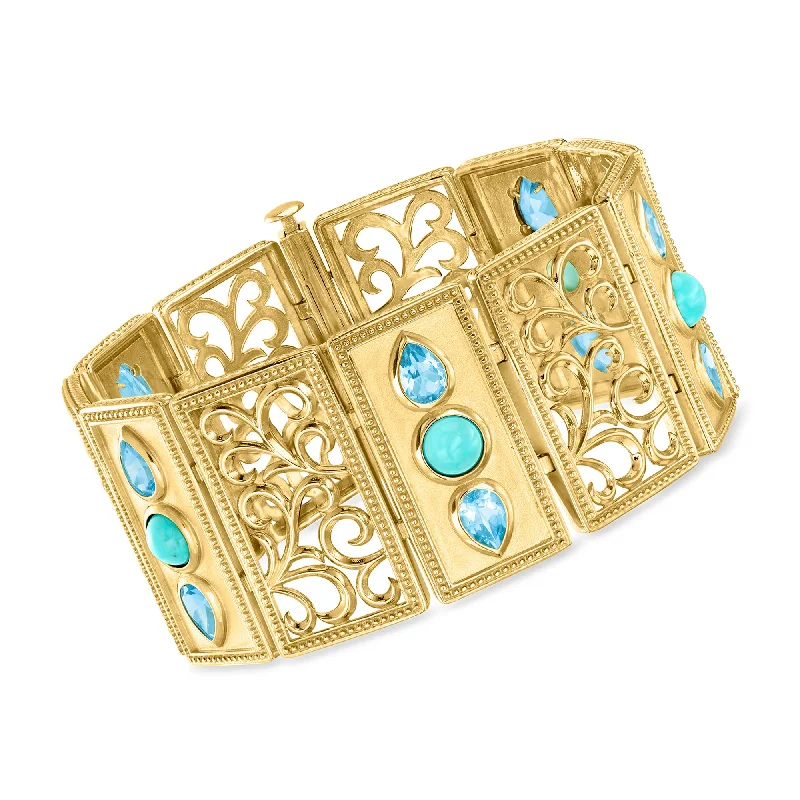 Ross-Simons Turquoise and Swiss Blue Topaz Bracelet in 18kt Gold Over Sterling