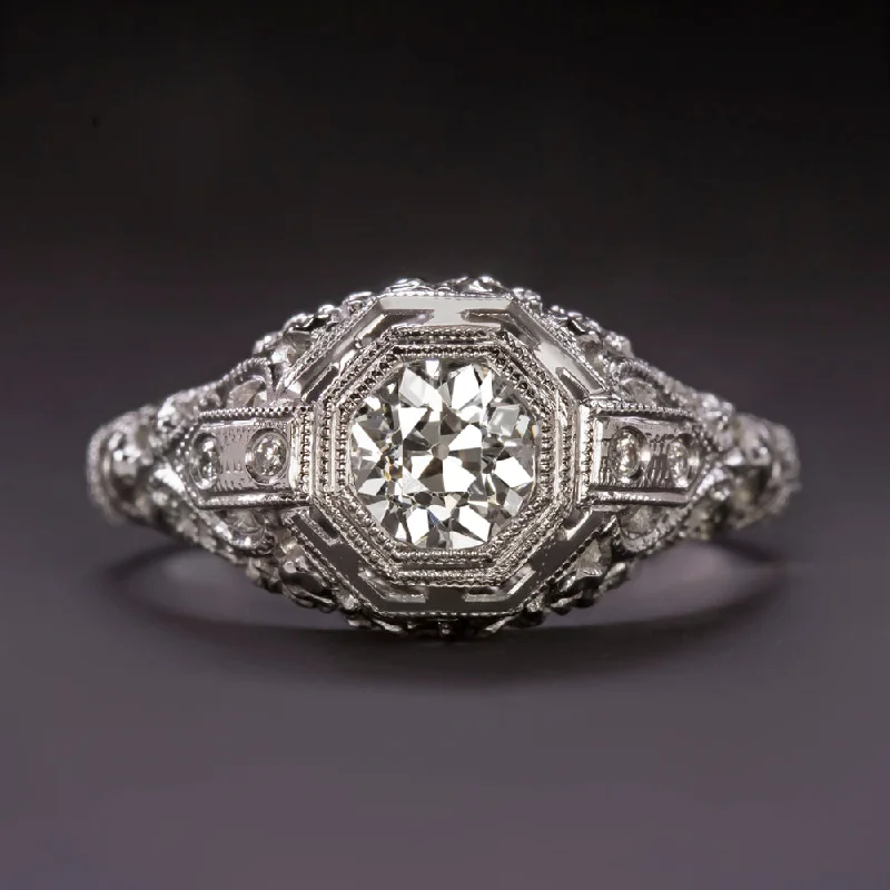 VINTAGE G-H VS1 DIAMOND ENGAGEMENT RING 18k WHITE GOLD FILIGREE ART DECO 1920