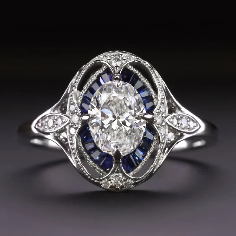 1 CARAT DIAMOND SAPPHIRE ENGAGEMENT RING ART DECO VINTAGE STYLE OVAL SHAPE HALO