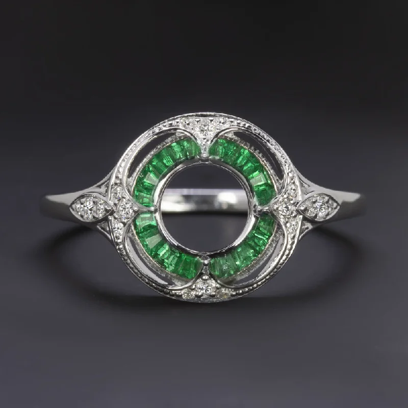 EMERALD DIAMOND 6mm ROUND ENGAGEMENT RING SETTING VINTAGE STYLE HALO TARGET