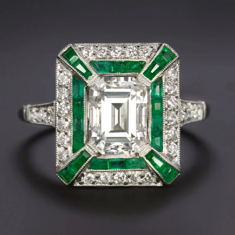 1.57ct DIAMOND EMERALD ENGAGEMENT RING VINTAGE STYLE PLATINUM ART DECO 1.5ct