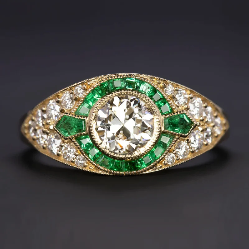 DIAMOND EMERALD ENGAGEMENT RING OLD EUROPEAN CUT VINTAGE STYLE HALO YELLOW GOLD