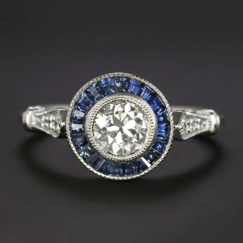 OLD EUROPEAN CUT DIAMOND SAPPHIRE ENGAGEMENT RING ART DECO TARGET VINTAGE STYLE