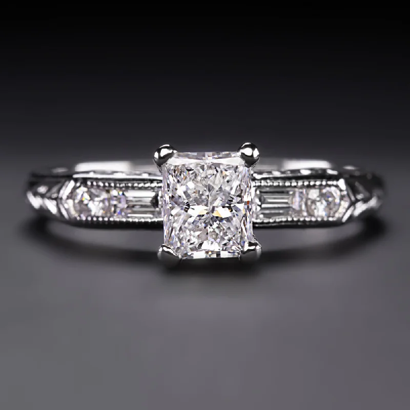 RADIANT CUT DIAMOND ENGAGEMENT RING D-E VS2 PLATINUM NATURAL .82ct VINTAGE STYLE