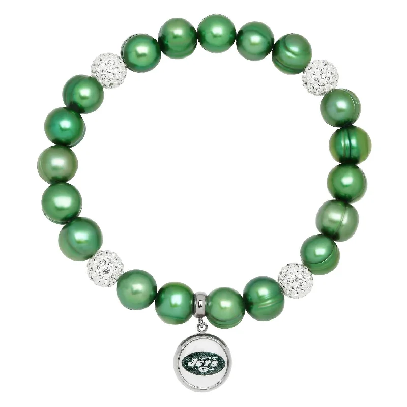 New York Jets Stretch Pearl & Crystal Bracelet In Green