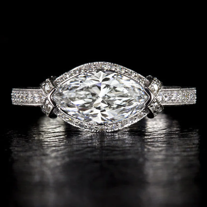 0.90ct MARQUISE CUT LAB CREATED DIAMOND ENGAGEMENT RING EAST WEST VINTAGE STYLE