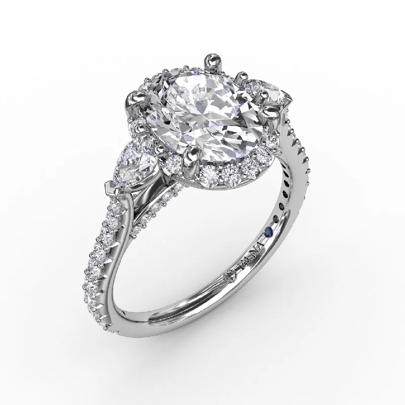 14 Karat White Gold Fana 0.77 Carat Oval Halo Diamond Engagement Ring Setting With Pear Side Stones