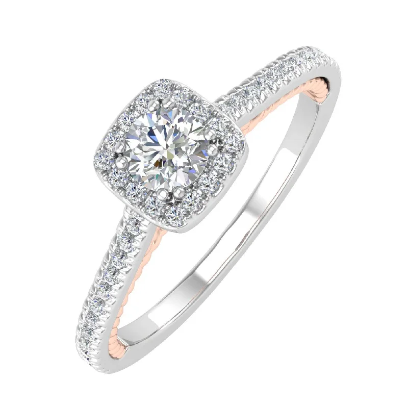 1/2 Carat Diamond Cushion Shape Halo Engagement Ring in White & Rose Gold