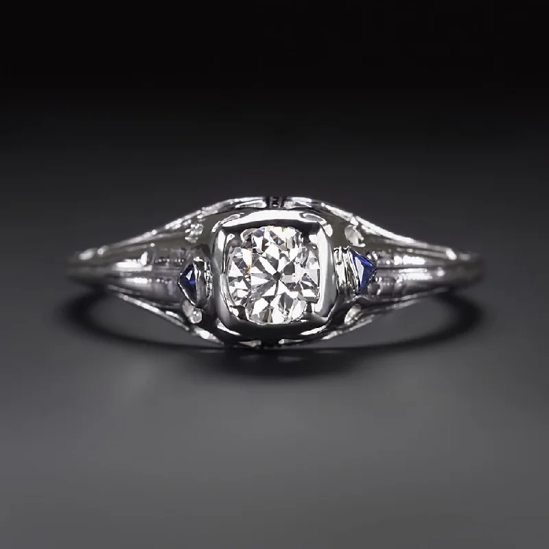 ART DECO DIAMOND ENGAGEMENT RING SAPPHIRE 14k WHITE GOLD FILIGREE OLD EUROPEAN