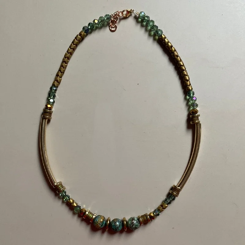 MRL16 - Natural Chrysocolla, 24k gold plated brass, Gold plated Hematite, Clay, Glass