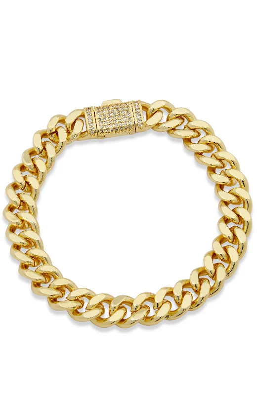 18K GOLD PLATED CUBAN LINK BRACELET WITH A CZ CLASP ACCENT