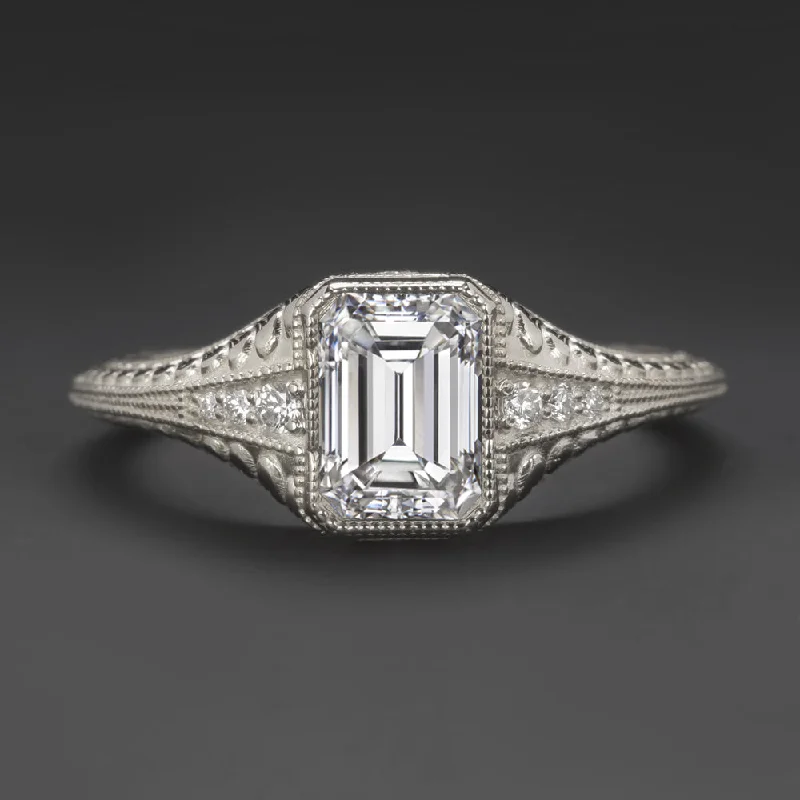 1.12ct GIA CERTIFIED E VVS1 DIAMOND ENGAGEMENT RING EMERALD CUT VINTAGE STYLE