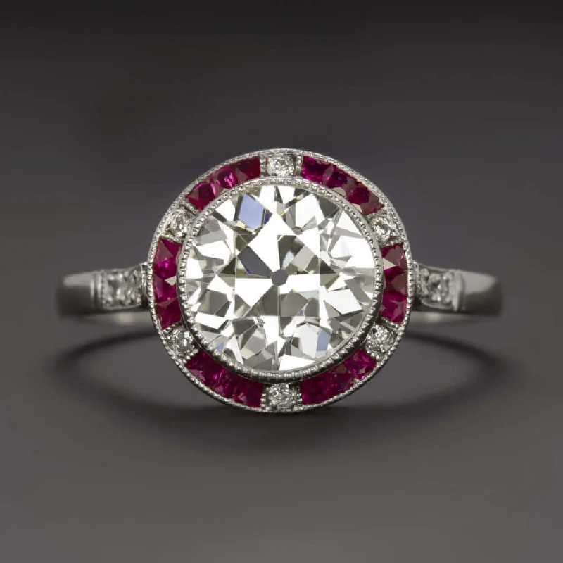 1.82ct CERT J-K VS1 OLD CUT DIAMOND ENGAGEMENT RING RUBY PLATINUM VINTAGE STYLE