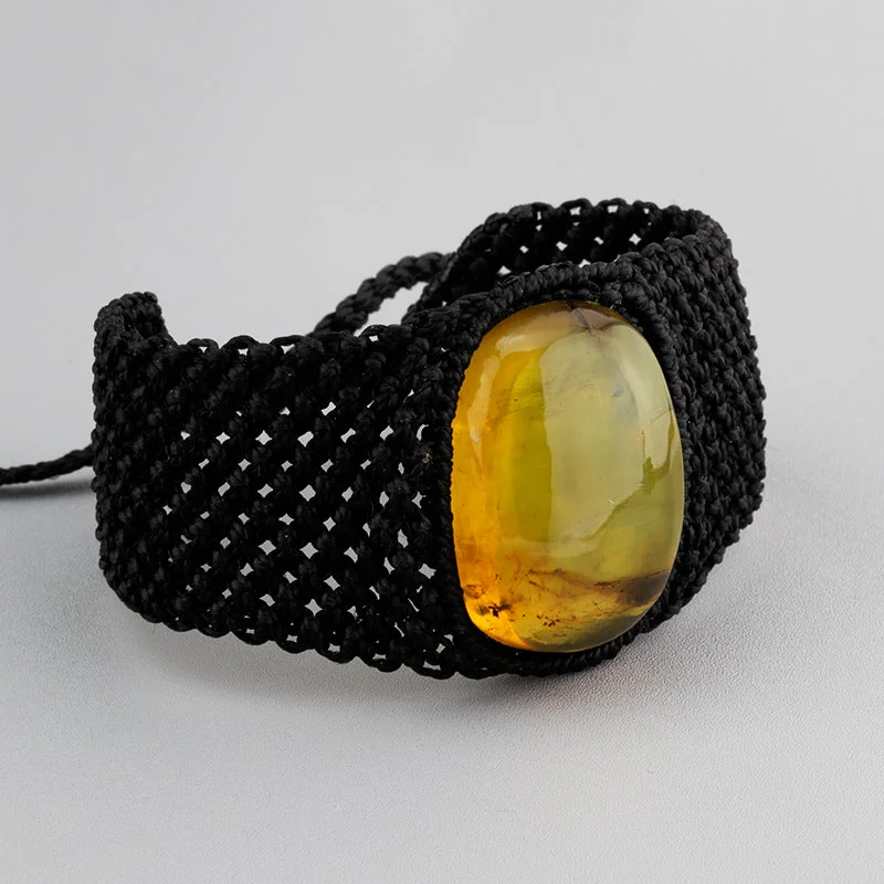 Wide Black Macrame Bracelet with Amber Stone