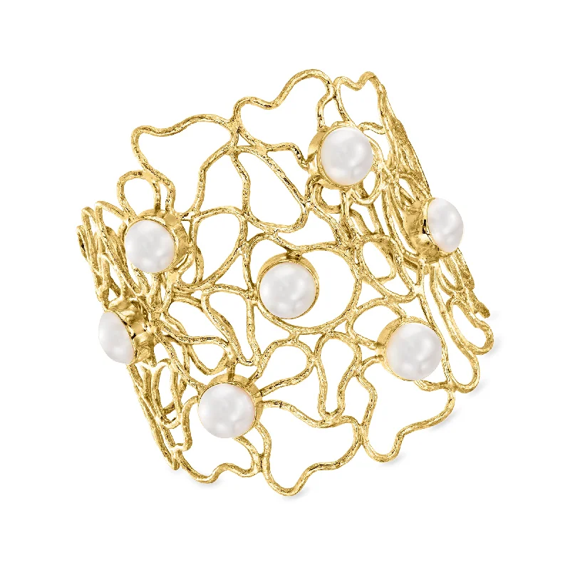 Ross-Simons 10mm Cultured Pearl Openwork Cuff Bracelet in 18kt Gold Over Sterling