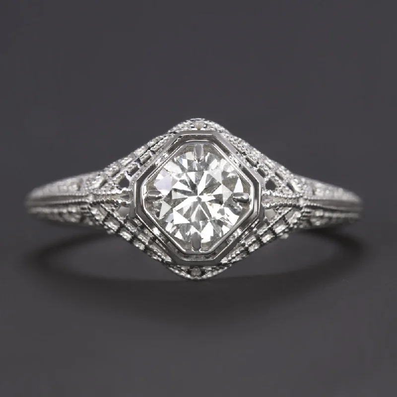 VINTAGE STYLE DIAMOND ENGAGEMENT RING 0.51ct ROUND 14k WHITE GOLD FILIGREE 1/3ct