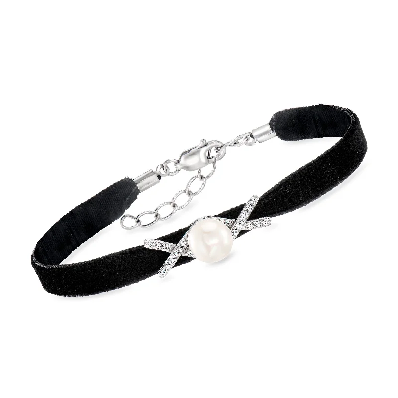 Ross-Simons 7-7.5mm Cultured Pearl Velvet Bracelet With Diamond Accents in Sterling Silver