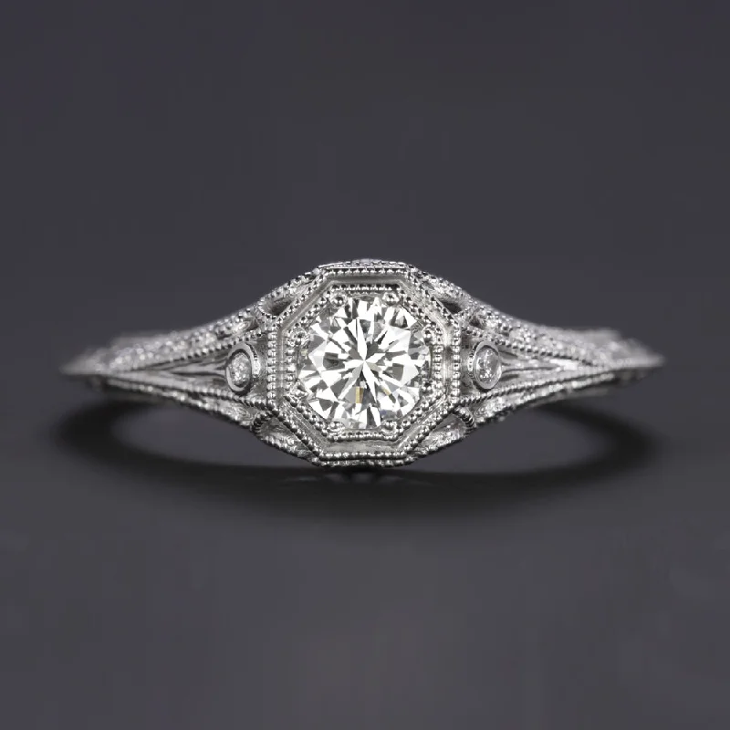 VINTAGE STYLE DIAMOND ENGAGEMENT RING 0.30ct I VS2 14k WHITE GOLD FILIGREE 1/3ct