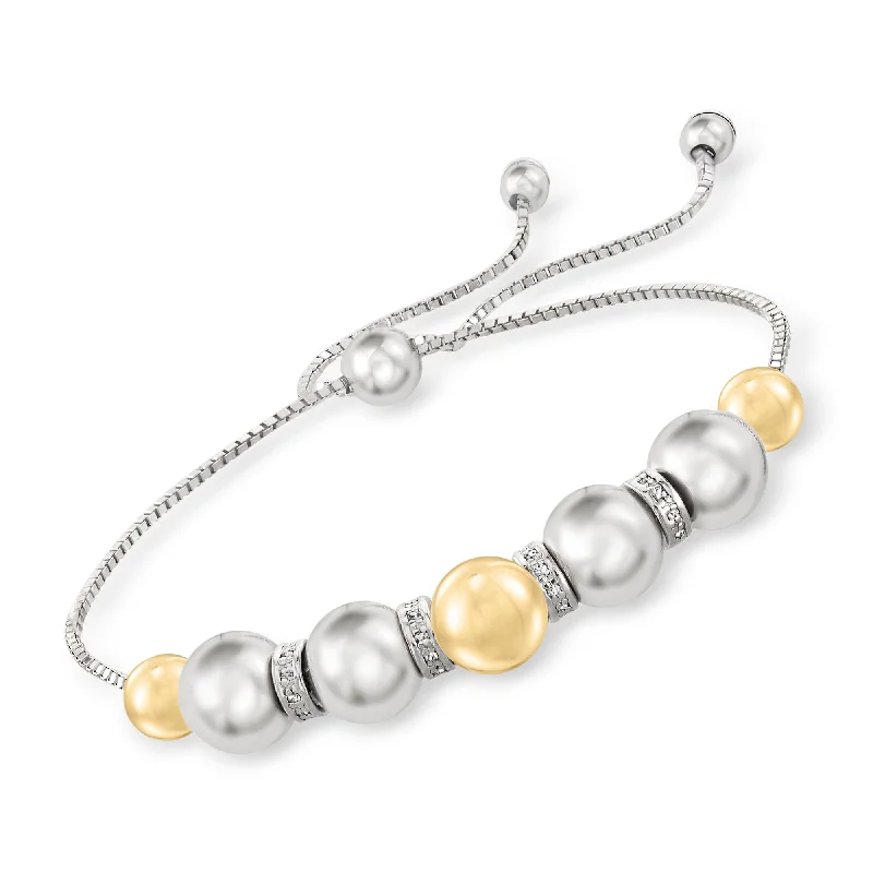 Ross-Simons 6-8mm Sterling Silver and 14kt Yellow Gold Bead Bolo Bracelet With . Diamonds