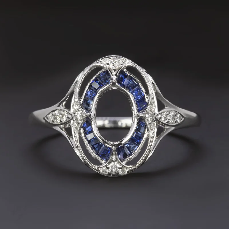 SAPPHIRE DIAMOND OVAL ENGAGEMENT RING SETTING VINTAGE STYLE HALO TARGET MOUNT