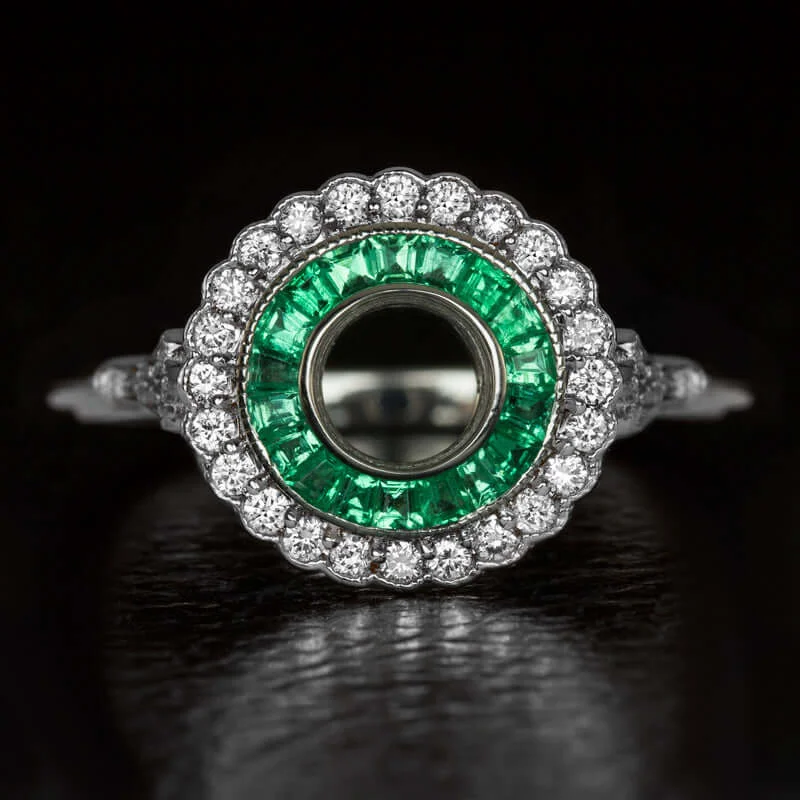 DIAMOND EMERALD HALO 1/2CT BEZEL ENGAGEMENT RING SETTING ART DECO VINTAGE STYLE