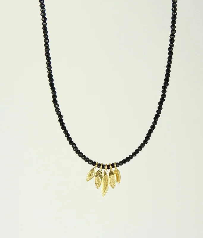 Black Spinel and Gold Leaves Necklace