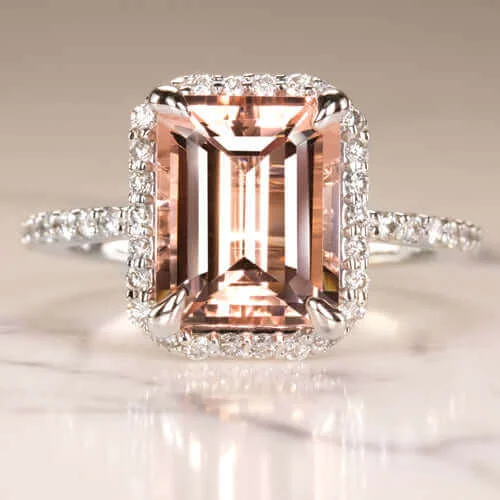 2.7 EMERALD CUT PEACH PINK MORGANITE 0.6 DIAMOND ENGAGEMENT RING HALO WHITE GOLD