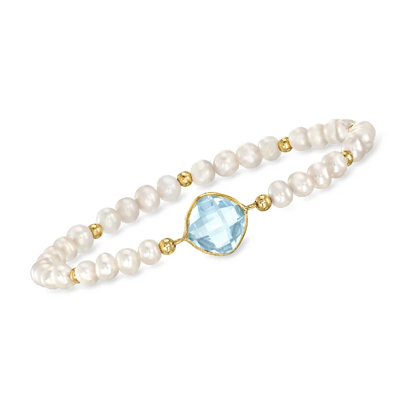 Ross-Simons Sky Blue Topaz and 4-5mm Cultured Pearl Bracelet in 14kt Yellow Gold