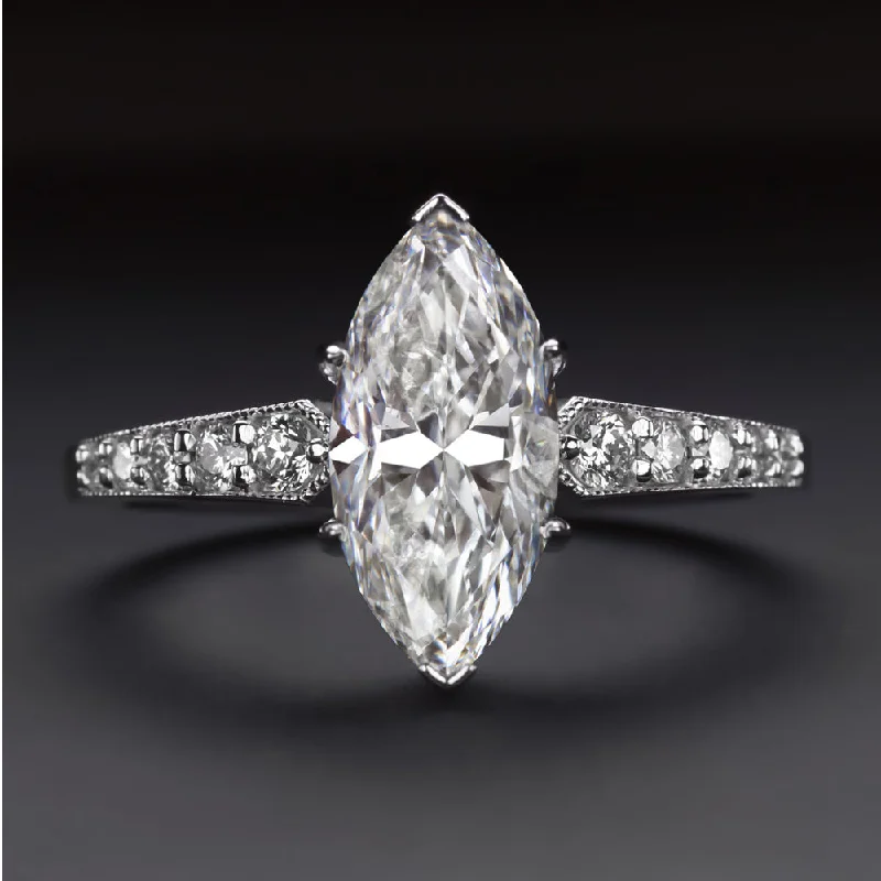 MARQUISE SHAPE DIAMOND ENGAGEMENT RING VINTAGE STYLE NATURAL 14k WHITE GOLD