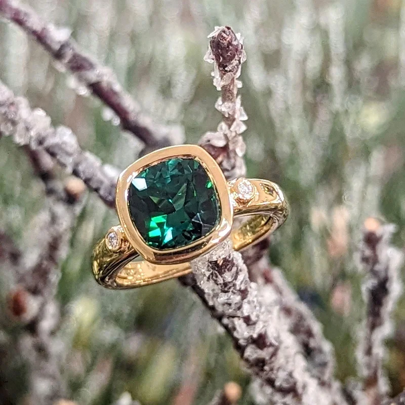 Green Tourmaline cushion Bezel Ring