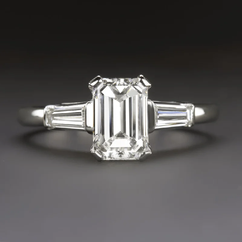 VINTAGE EMERALD CUT DIAMOND ENGAGEMENT RING 3 STONE PLATINUM 1.26c F VS2 CLASSIC