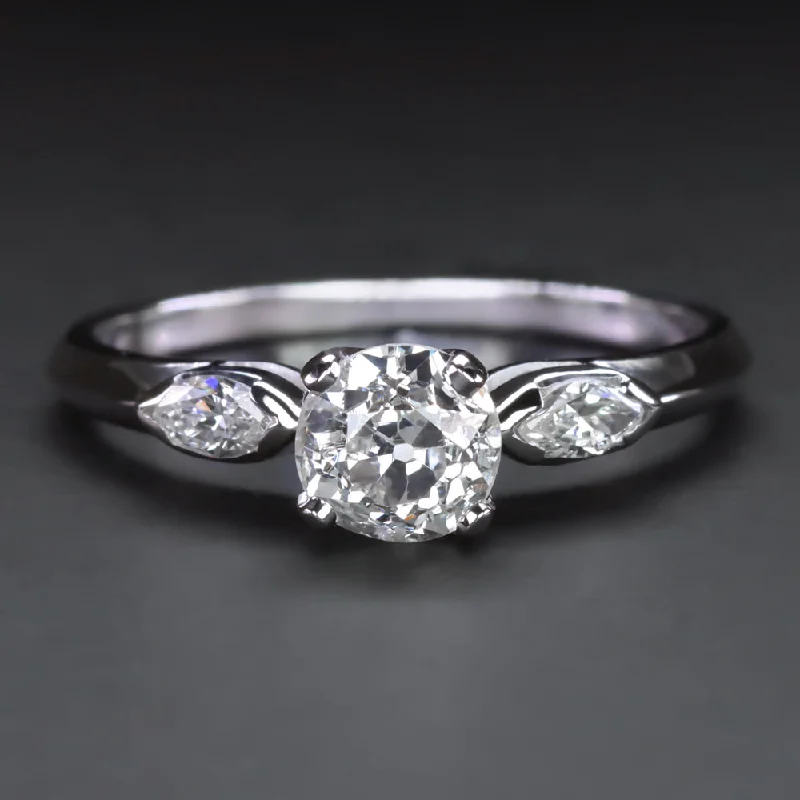 VINTAGE DIAMOND ENGAGEMENT RING 0.61ct OLD EUROPEAN CUT 18k WHITE GOLD MARQUISE