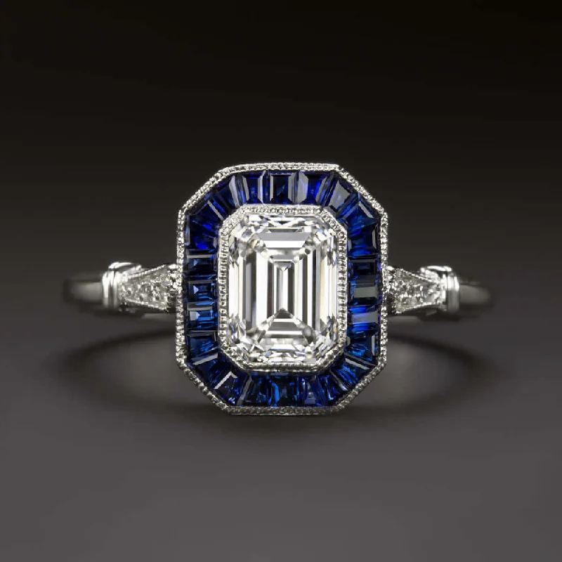 1.20ct GIA CERT I VS1 EMERALD CUT DIAMOND SAPPHIRE ENGAGEMENT RING VINTAGE STYLE