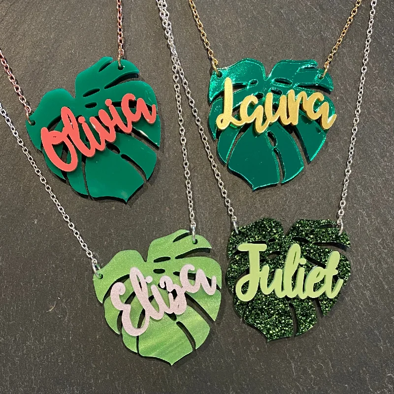 Monstera Leaf Name Necklace