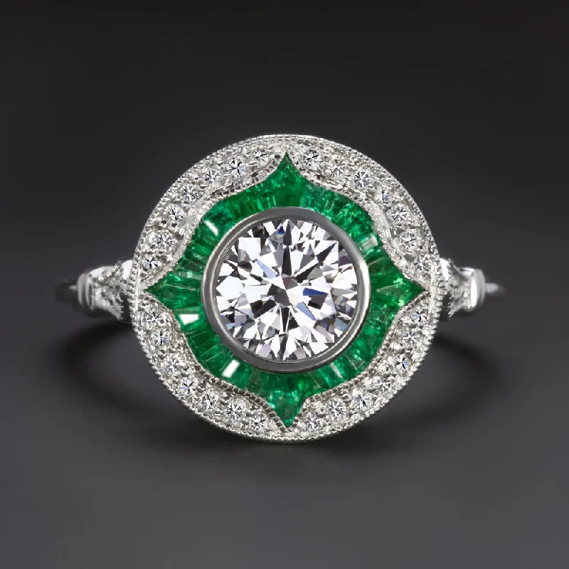 1 CARAT LAB CREATED DIAMOND EMERALD ENGAGEMENT RING CERTIFIED HALO VINTAGE STYLE