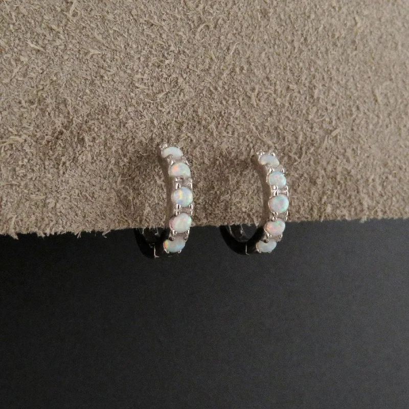 Silver Opal Hoop Earrings - White