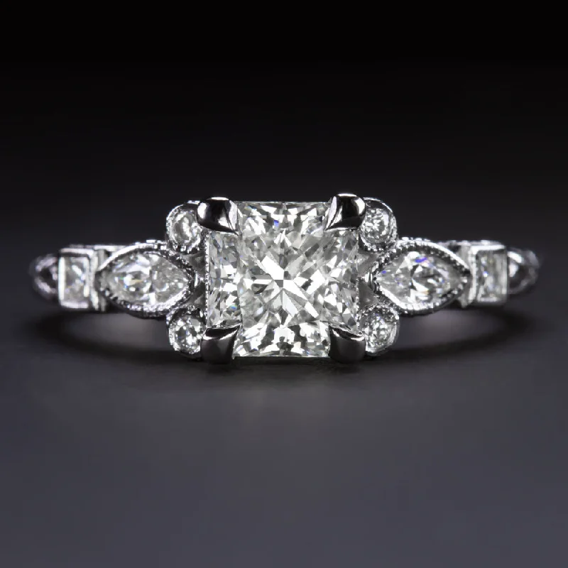 1 CARAT H SI1 PRINCESS CUT DIAMOND ENGAGEMENT RING VINTAGE STYLE 14k WHITE GOLD