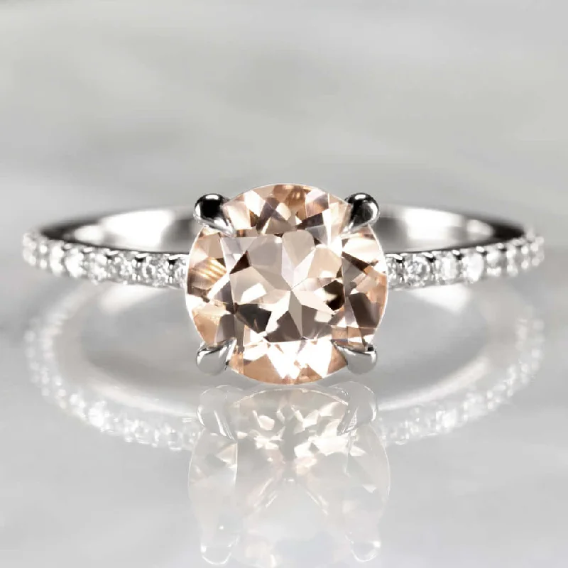 ROUND 1.7ct PEACH MORGANITE 8MM NATURAL DIAMOND ENGAGEMENT RING WHITE GOLD PAVE