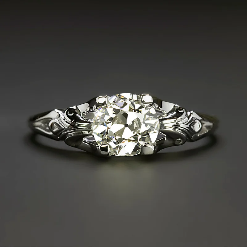 1 CARAT VINTAGE DIAMOND ENGAGEMENT RING OLD EUROPEAN CUT 18k WHITE GOLD ART DECO