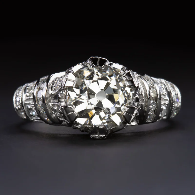 1.87ct OLD MINE CUT VINTAGE DIAMOND ENGAGEMENT RING PLATINUM ENGRAVED ART DECO