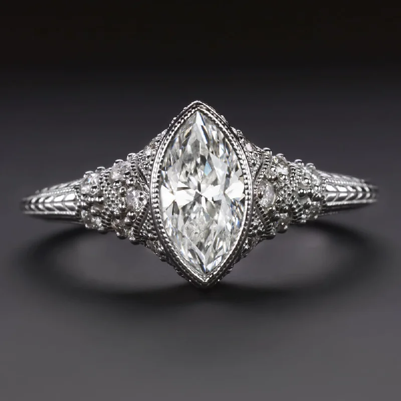 0.74ct MARQUISE SHAPE DIAMOND ENGAGEMENT RING VINTAGE STYLE 14k WHITE GOLD BEZEL