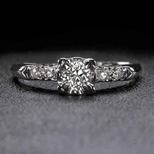 0.30ct OLD EUROPEAN CUT DIAMOND VINTAGE ENGAGEMENT RING CLASSIC 14k WHITE GOLD