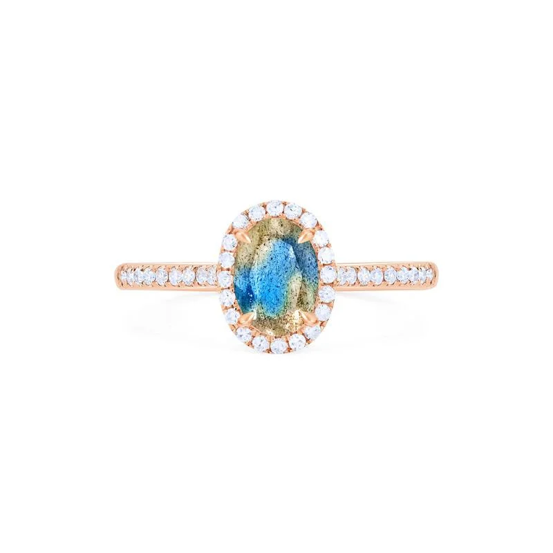 [Lenora] Petite Oval Halo Diamond Ring in Labradorite