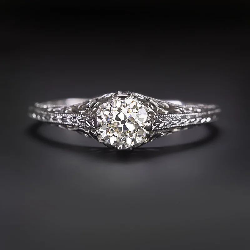 ART DECO DIAMOND ENGAGEMENT RING 0.48ct OLD EUROPEAN CUT 18k WHITE GOLD VINTAGE