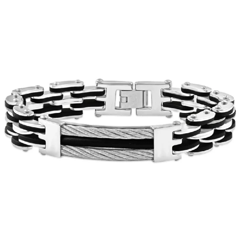 Men's Steel Brushed And Black Two Tone 13.5mm Link Flexible Wired 8 " Bracelet