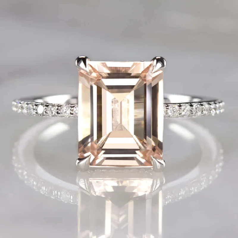 2.5ct EMERALD CUT MORGANITE .42c DIAMOND ENGAGEMENT RING WHITE GOLD PAVE CLASSIC