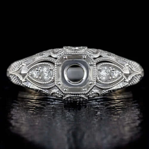 DIAMOND SEMI MOUNT 5MM ENGAGEMENT RING CUSHION ROUND FILIGREE VINTAGE STYLE