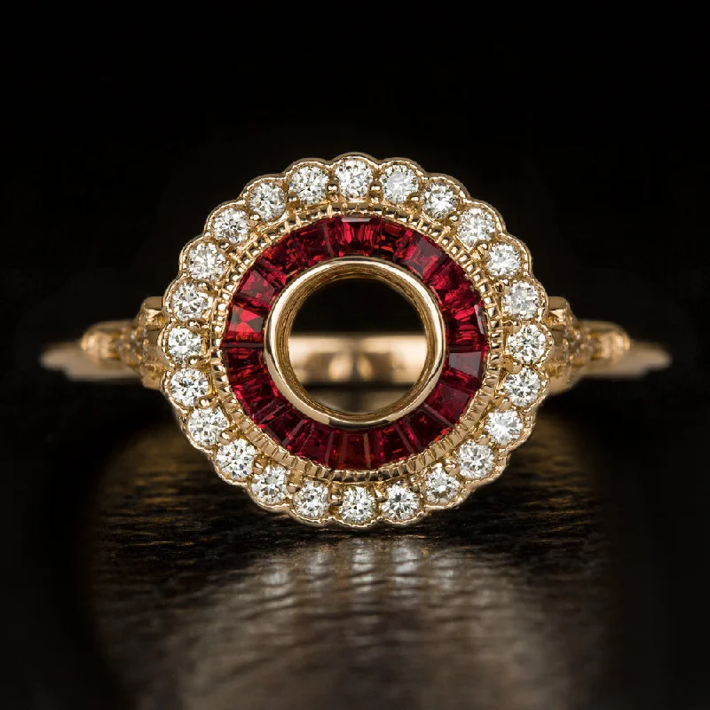 VINTAGE STYLE DIAMOND SCALLOP HALO RUBY ENGAGEMENT RING SETTING ART DECO ROUND