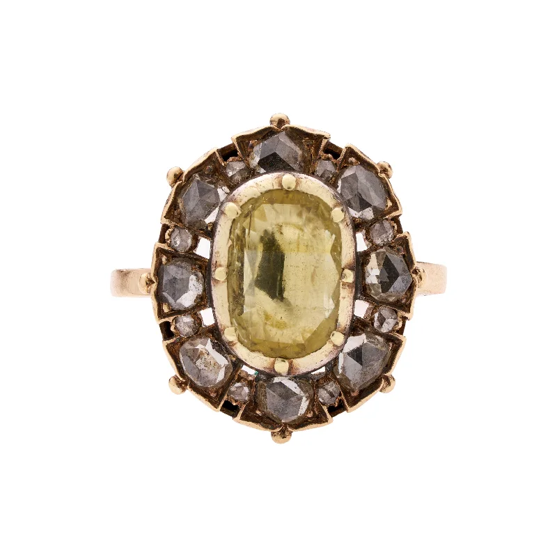 Antique Georgian 15k Silver Chrysoberyl & Rose-cut Diamond Halo Ring