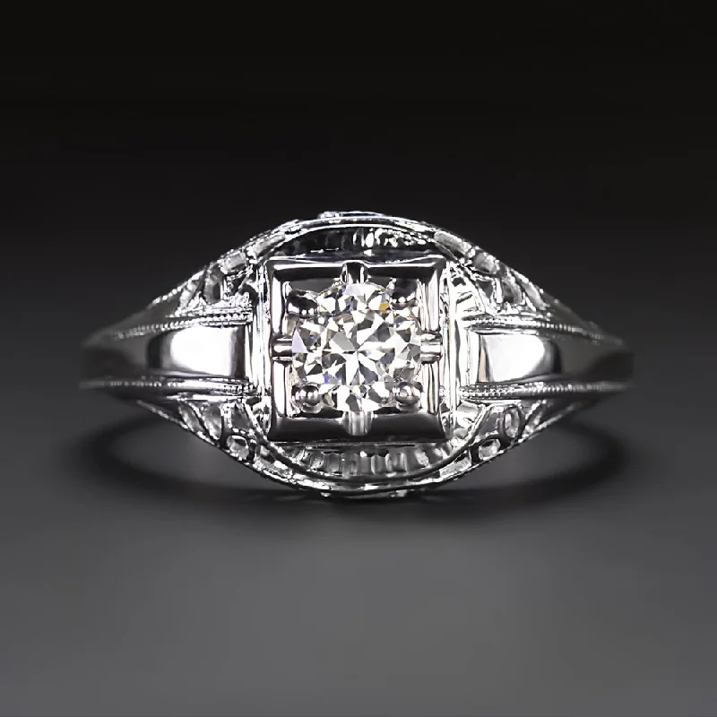 ART DECO DIAMOND ENGAGEMENT RING 1/3ct OLD EUROPEAN CUT 18k WHITE GOLD FILIGREE